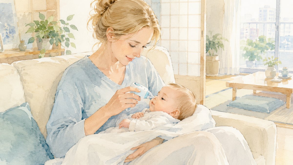 Soft watercolor illustration of a Western mother gently using a nasal aspirator on her baby, sitting on a sofa in a bright Japanese apartment