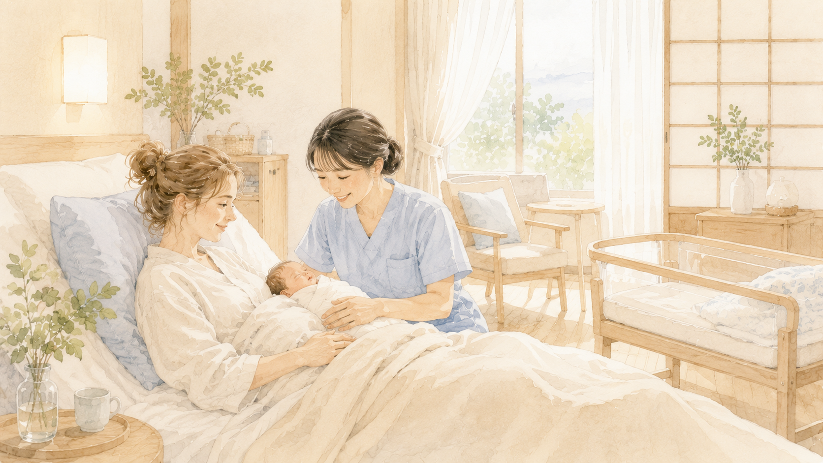 Soft watercolor illustration of a non-Japanese mother resting in a postpartum care facility in Japan, midwife attending gently nearby