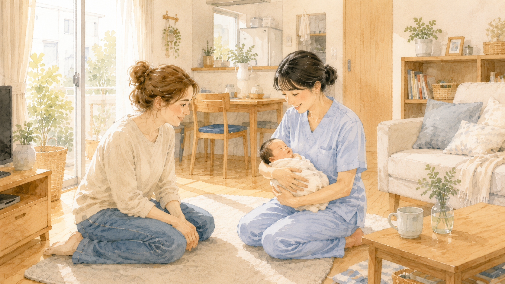 Soft watercolor illustration of a Japanese midwife visiting a non-Japanese mother at home, checking on the newborn baby
