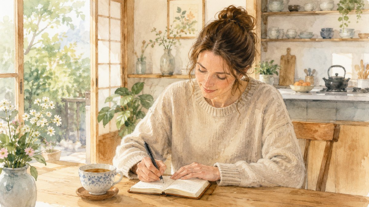 Soft watercolor illustration of a non-Japanese mother writing in a renrakucho notebook at her kitchen table in Japan