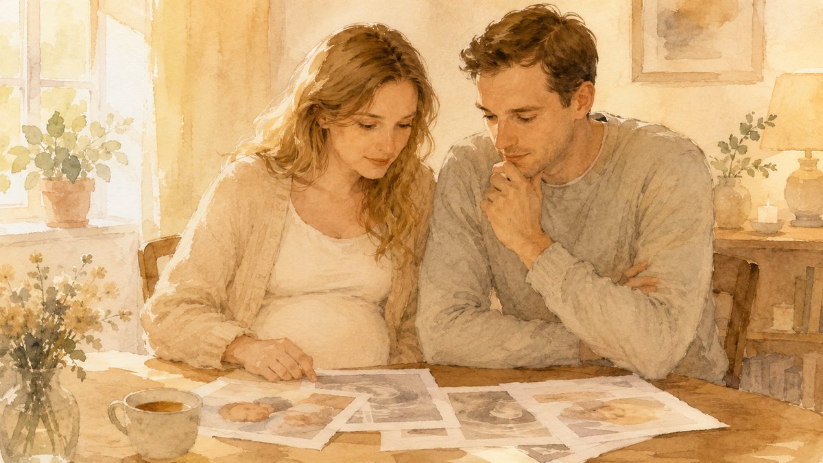 Soft watercolor illustration of an international couple expecting a baby sitting together at home, looking thoughtfully at printed information