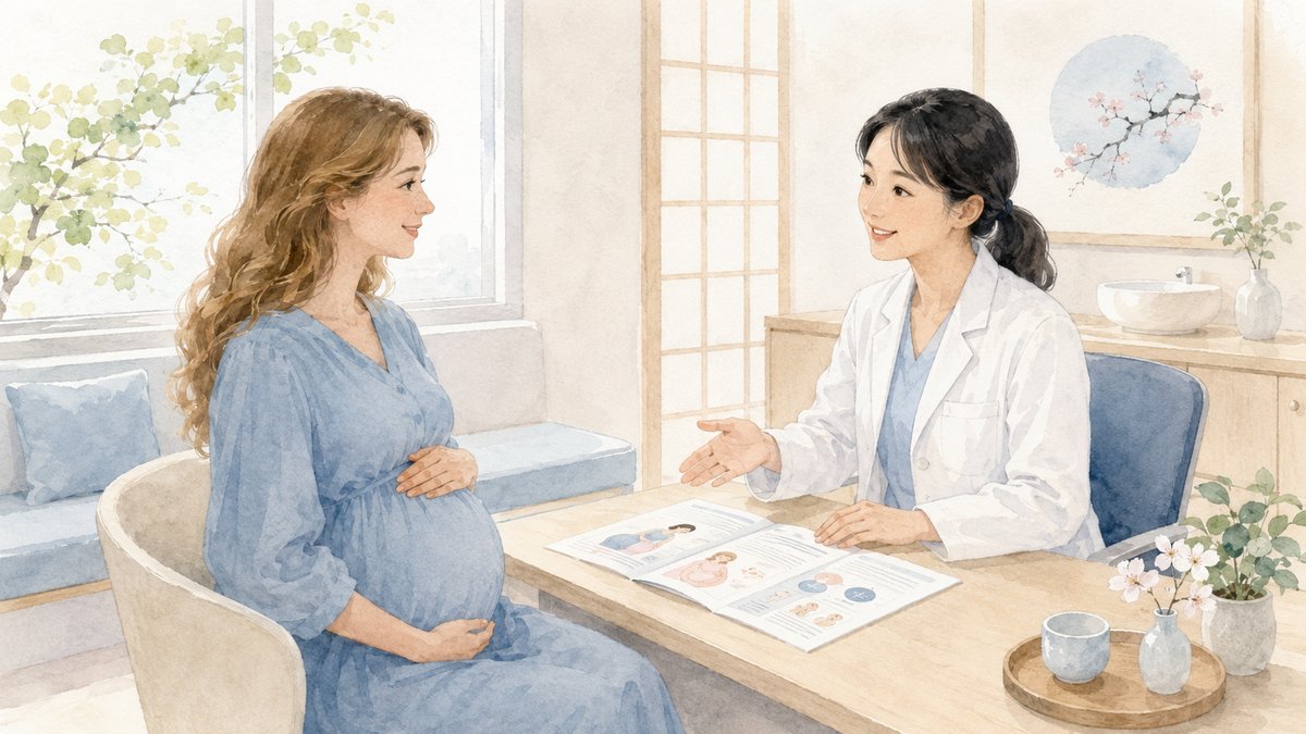 Soft watercolor illustration of a non-Japanese pregnant woman consulting with a Japanese female doctor in a modern obstetric clinic