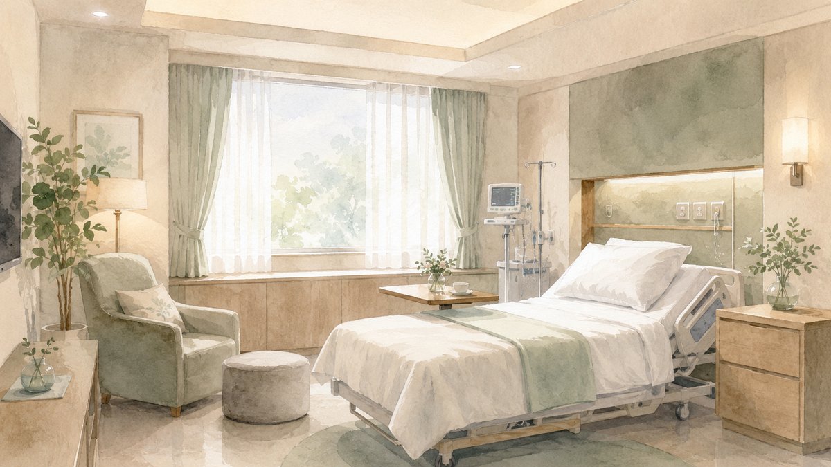 Soft watercolor illustration of a warm, clean Japanese birth clinic room with soft lighting and white linen