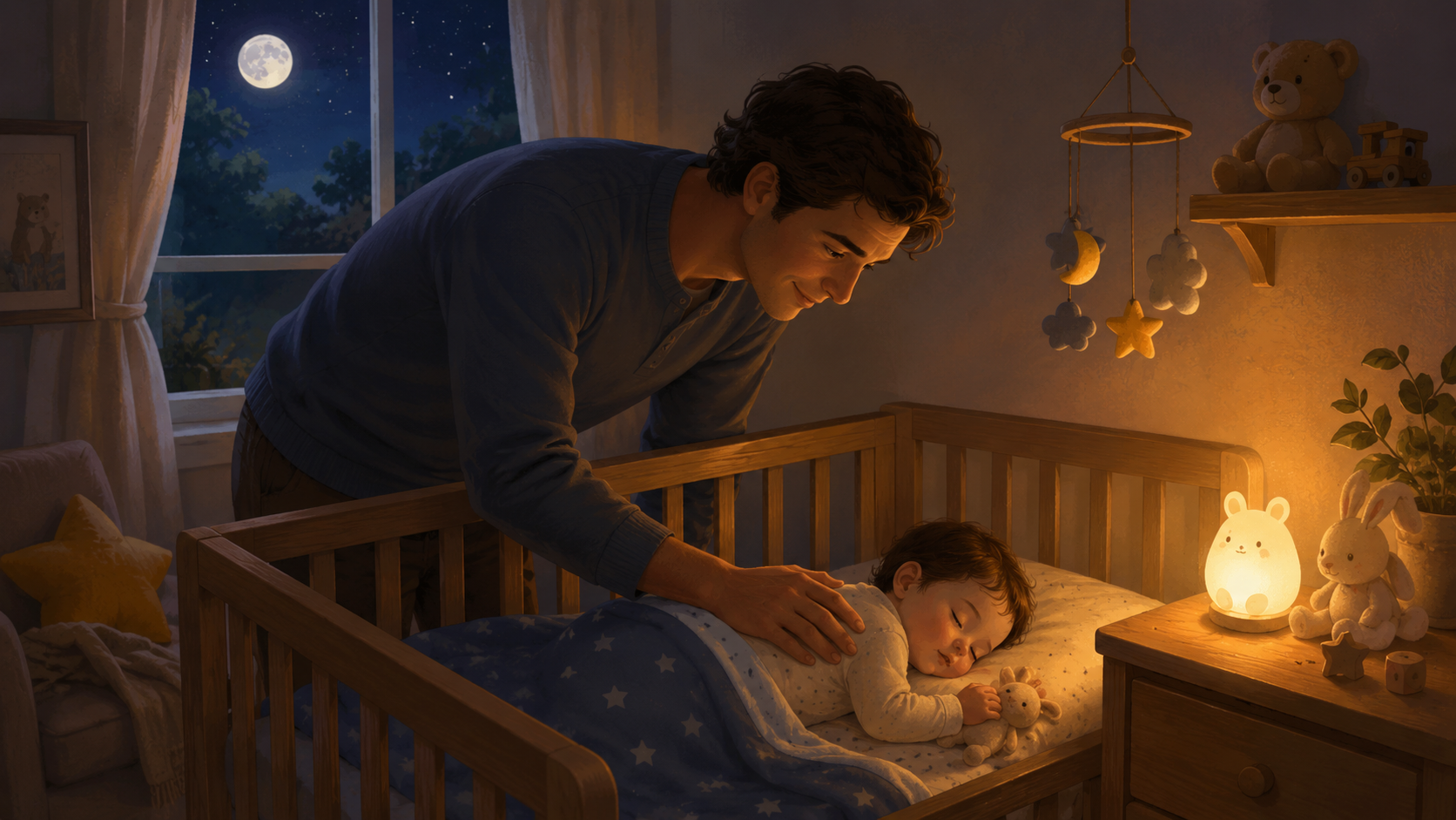 Parent gently patting a baby in a crib during night crying, dimly lit room